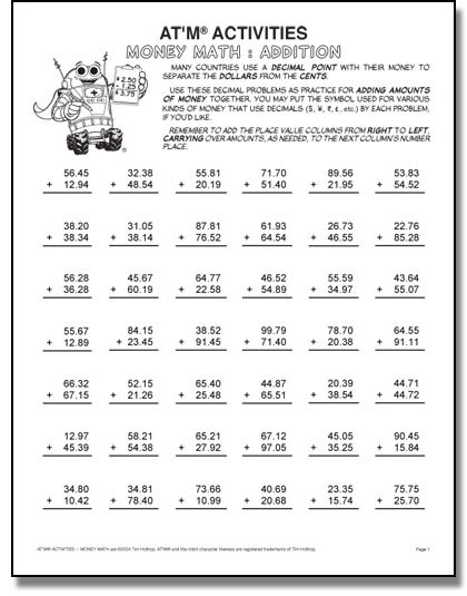 Preview of AT'M® ACTIVITIES -- Money Math : Addition