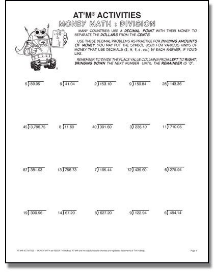 Preview of AT'M® ACTIVITIES -- Money Math : Division
