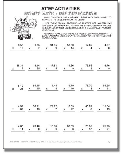 Preview of AT'M® ACTIVITIES -- Money Math : Multiplication