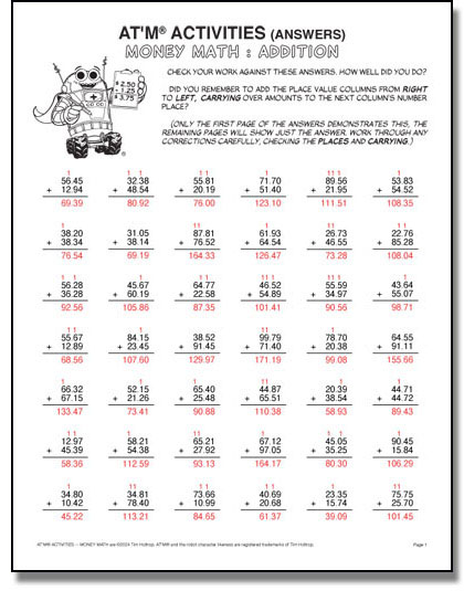 Preview of answers to AT'M® ACTIVITIES -- Money Math : Addition