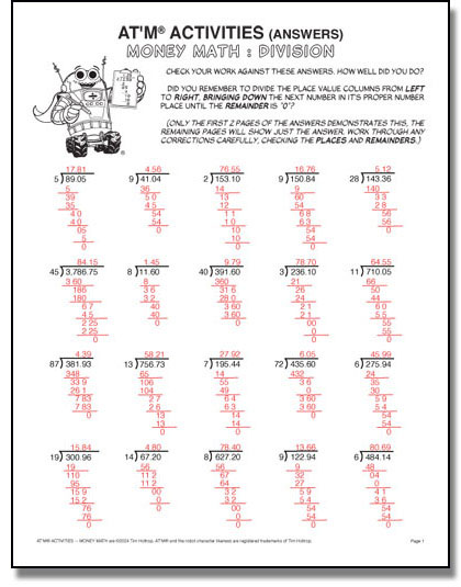 Preview of answers to AT'M® ACTIVITIES -- Money Math : Division