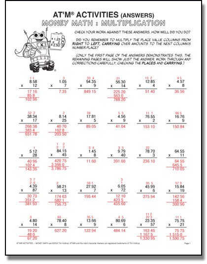 Preview of answers to AT'M® ACTIVITIES -- Money Math : Multiplication