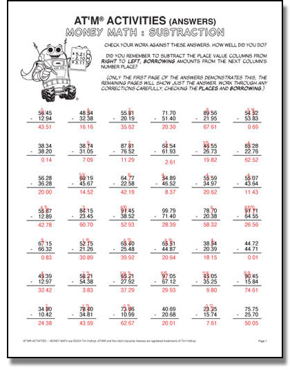 Preview of answers to AT'M® ACTIVITIES -- Money Math : Subtraction