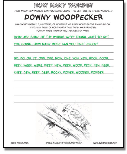 Preview of answers to How Many Words - Downy Woodpecker