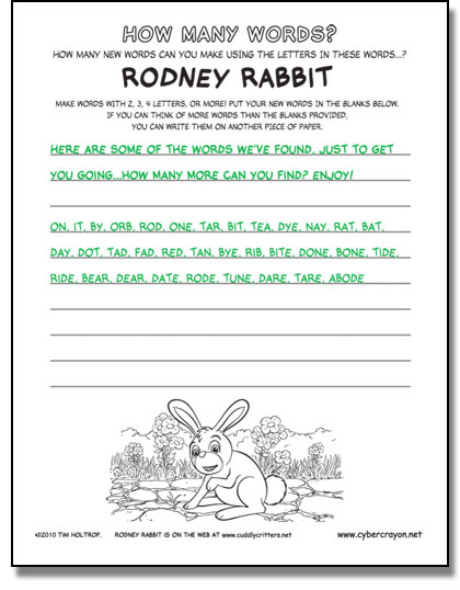 Preview of answers to How Many Words - Rodney Rabbit