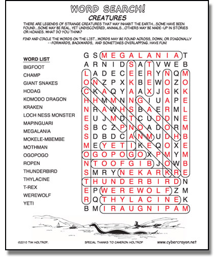 Preview of answers to Word Search - Creatures