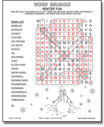  Answers to Word Search - Winter Fun