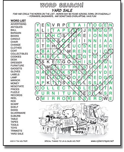 Preview of answers to Word Search - Yard Sale