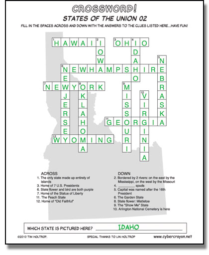 Preview of answers to Crossword - States of the Union 02