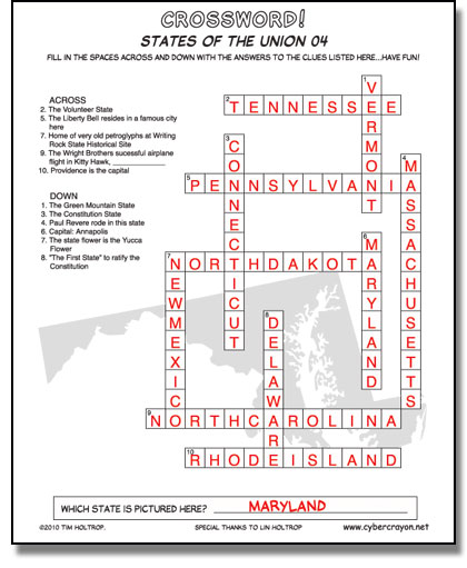 Preview of answers to Crossword - States of the Union 04