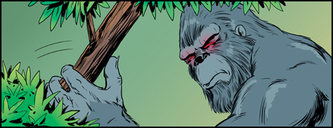 Comic book style image of Bigfoot getting ready to break a tree