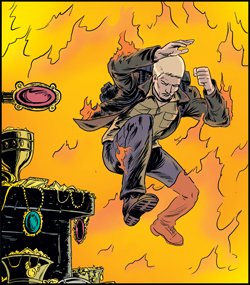 Comic book style image of Jason Kenzie jumping through flames to get to a treasure