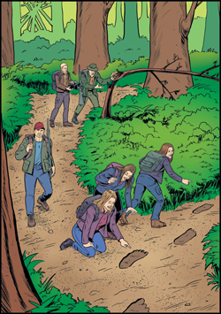 Comic book style image of the Sasquatch searchers exploring the area, finding tee breaks and footprints
