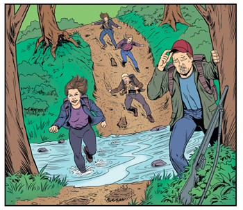 Comic book style image of the team of searchers running along a trail following big foorprints