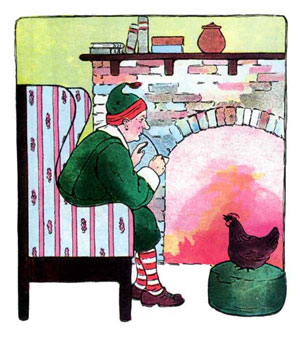 Illustration for the nursery rhyme, The Clever Hen, by Blanche Fisher Wright - from The Real Mother Goose