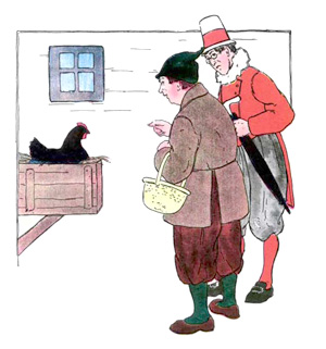 Illustration for the nursery rhyme, The Black Hen, by Blanche Fisher Wright - from The Real Mother Goose