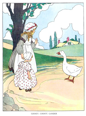 Illustration for the nursery rhyme, Goosey, Goosey, Gander, by Blanche Fisher Wright - from The Real Mother Goose